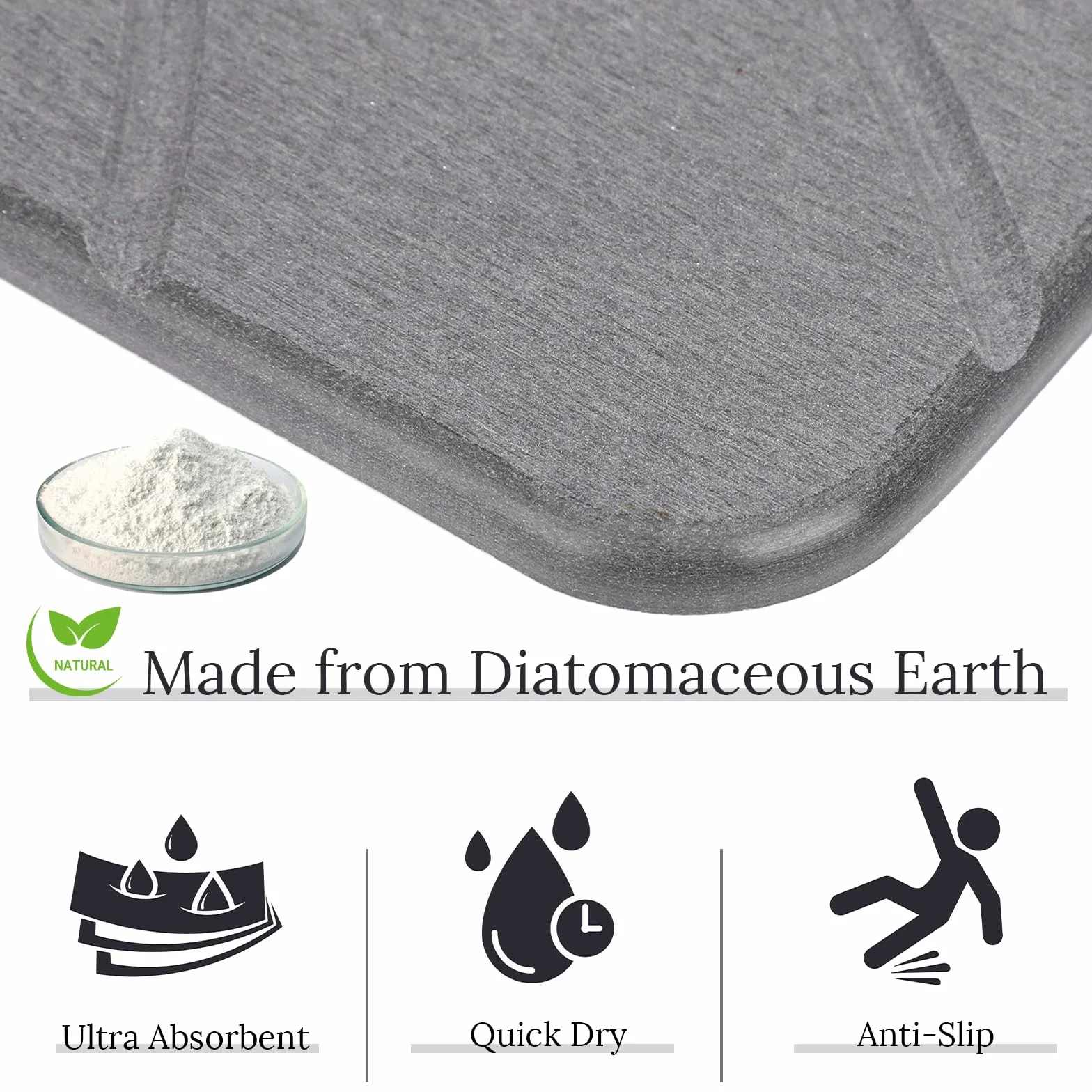 Euqvunn Tappeto da Bagno in Diatomite Antiscivolo 60 x 39 cm – Tappetino in Pietra Assorbente, Antimuffa, Asciugatura Rapida per Bagno, Cucina e Vasca – Grigio