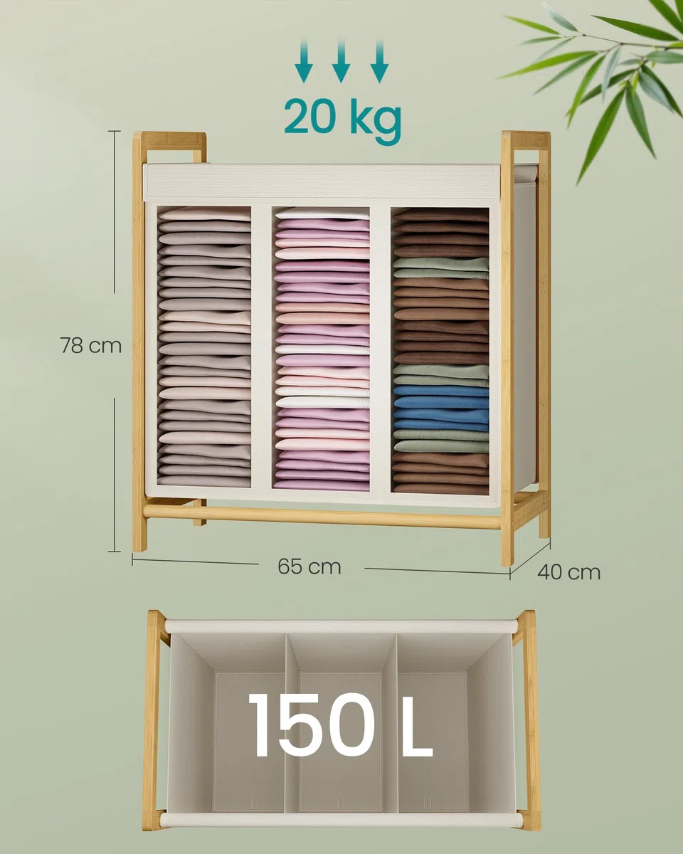 SONGMICS Cesto Portabiancheria 3 Scomparti, Cesta Porta Biancheria Sporca, Struttura in Bambù, Coperchio Rinforzato e Rimovibile, Sacco Rimovibile, 150 L, Bianco Crema RLH103WD01