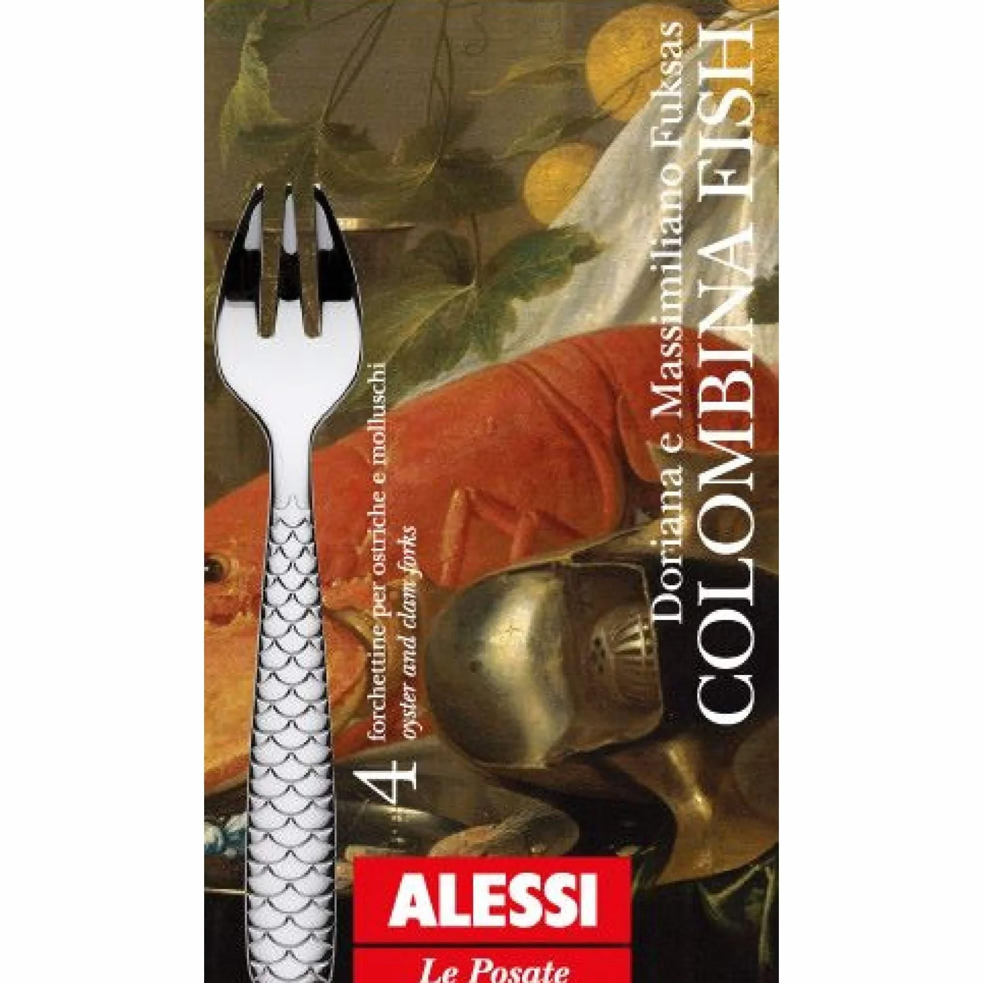 Alessi FM23/36S4 Colombina Fish, Set di Quattro Forchettine per Ostriche e Molluschi in Acciaio Inossidabile 18/10, Colore: Argento, Finitura Lucida, 4 unità