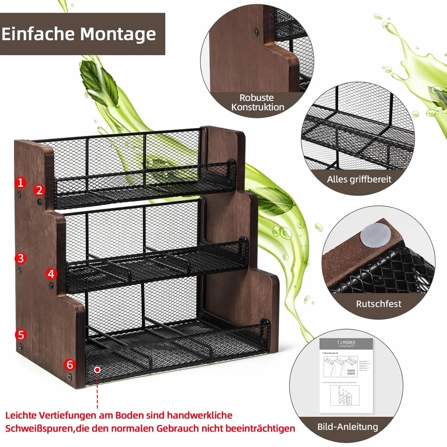 THYGIFTREE Porta bustine di tè a 3 ripiani, in legno massello, organizer per bustine di tè, cucina, ufficio, piano di lavoro, bustine di zucchero, porta creme (nero)