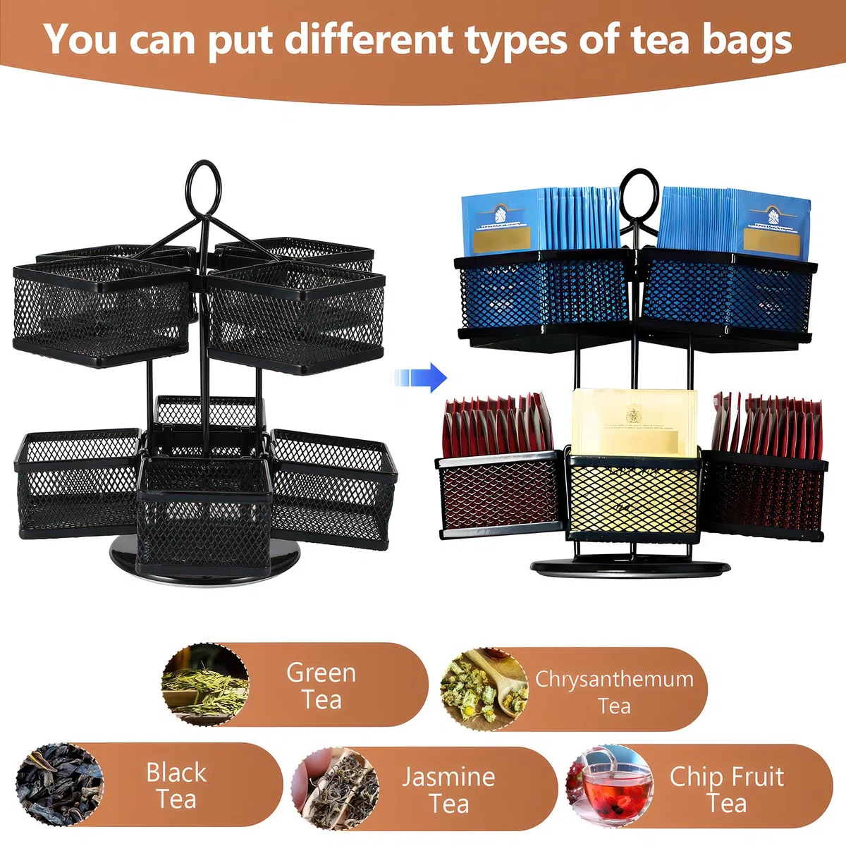 Organizer da tè a 2 livelli con scomparti rimovibili, porta bustine da tè girevole per 80+ bustine da tè, contenitore in metallo per cucina/ufficio, salvaspazio ed elegante (nero)