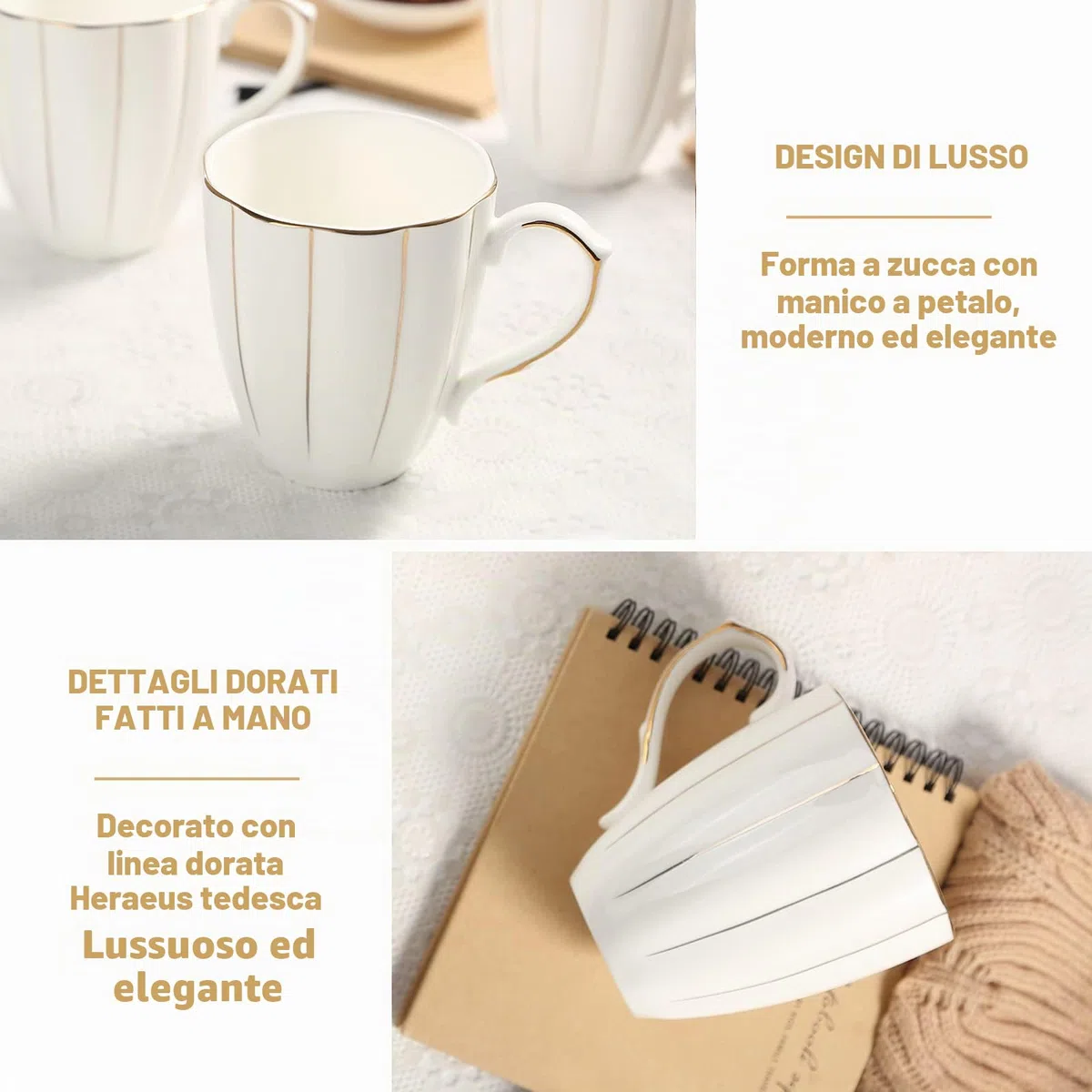 DUJUST Set di 4 Tazze da Caffè (382,7 g), Design Britannico di Lusso con Finiture Dorate Artigianali, Set di Tazze in Porcellana Bianca e Oro di Prima Classe per Caffè, Tè e Latte