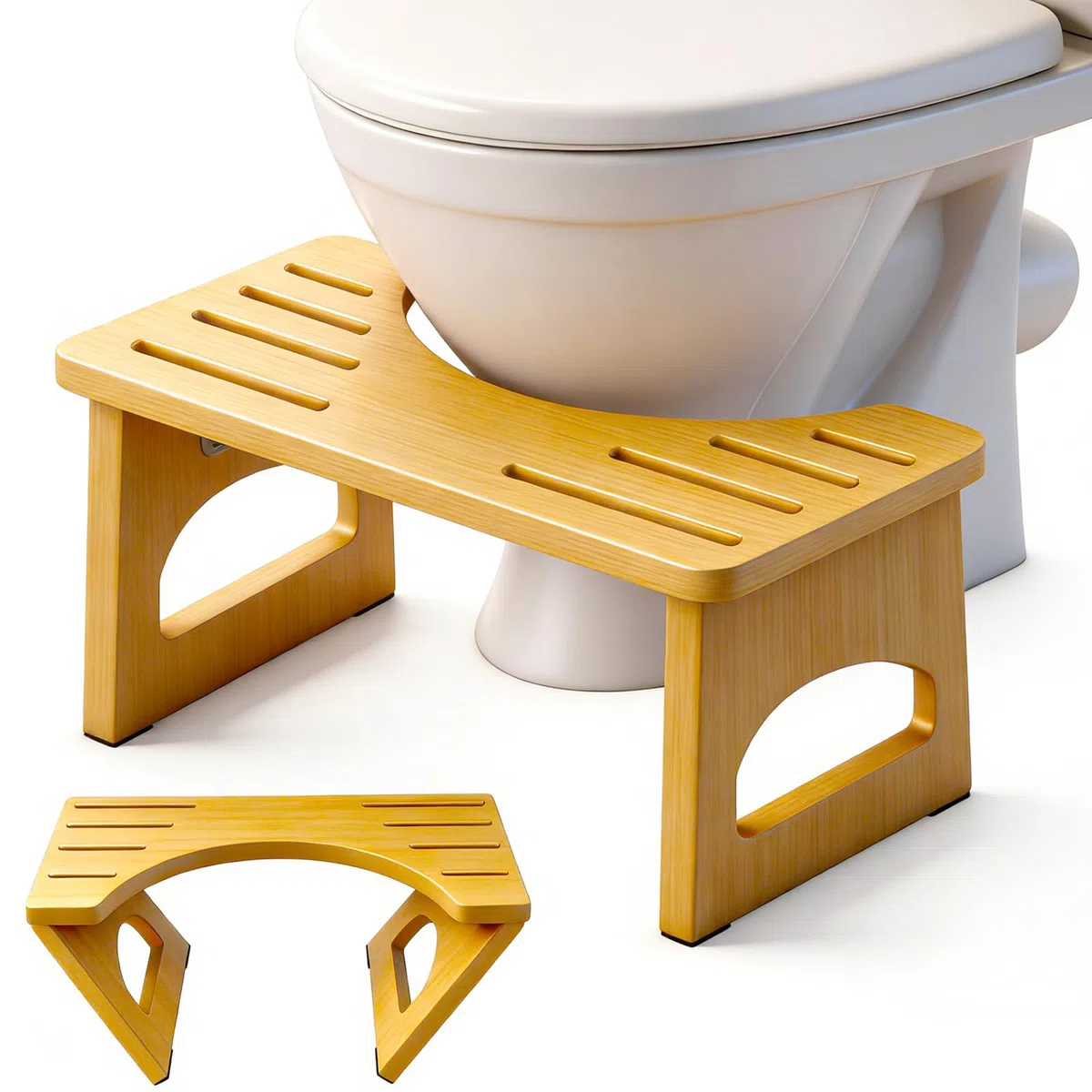 Sgabello fisiologico in legno, sgabello WC pieghevole in legno, sgabello a forma di C resistente a 35 gradi (colore legno)