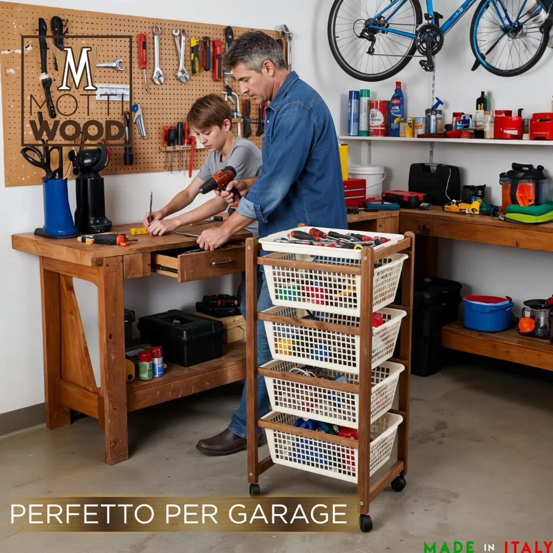 Mottiwood Carrello da Cucina, Carrelli Salvaspazio, 4 Ceste, Legno di Faggio Naturale, 36.2x30x82.3 cm, Montato, Made in Italy (Color Noce)