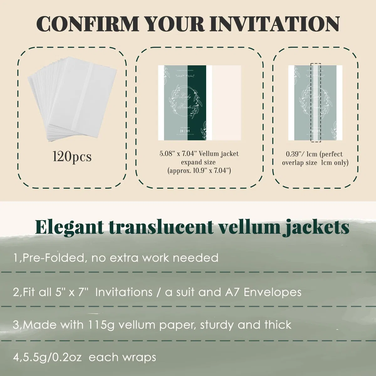 UNIQOOO Confezione da 120 giacche in pergamena prepiegate per inviti da 12,7 x 17,8 cm, elegante carta velina semitrasparente, 115 g/m², accessori per inviti di nozze, per buste da 12 x 17 cm