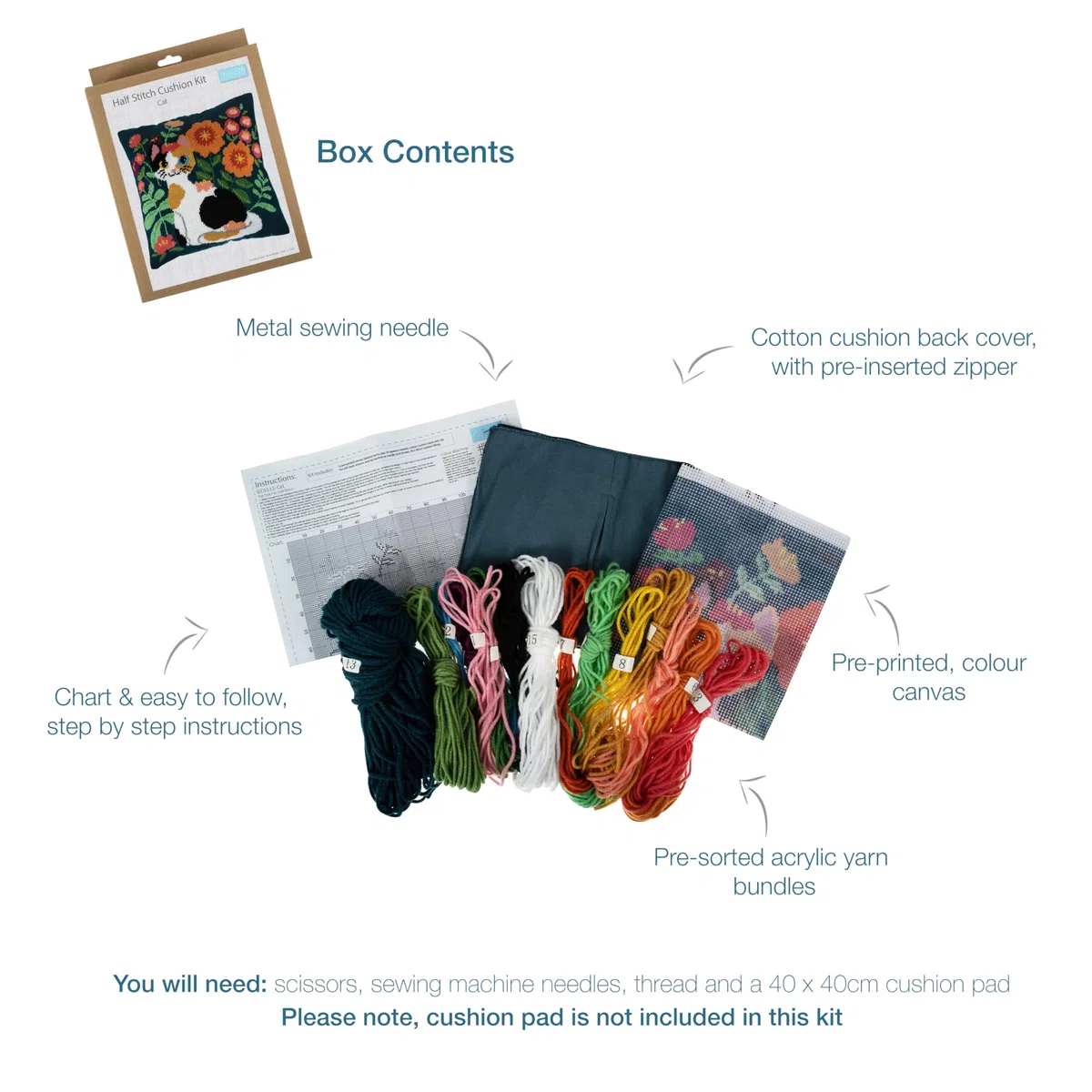 Trimits Kit per cuscino a punto croce, cuscino posteriore incluso, tela prestampata, filo e ago inclusi 40 x 40 cm, gatto