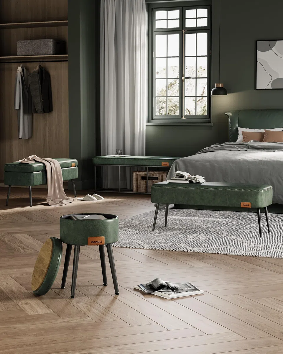 VASAGLE EKHO Collezione - Panca da Ingresso Camera da Letto, PU con Cuciture, Gambe in Acciaio, Soggiorno Sala da Pranzo, Moderno di Metà Secolo, Portata di 300 kg, Verde Foresta LOM076C01