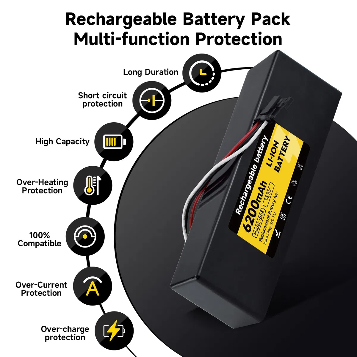 Batteria sostitutiva 6200mAh/14,8V per Xiaomi Mop/Mop 2s / Mop Pro, STYTJ02YM, per Xiaomi T12 S12, per Xiaomi Vacuum Batteria dell'aspirapolvere