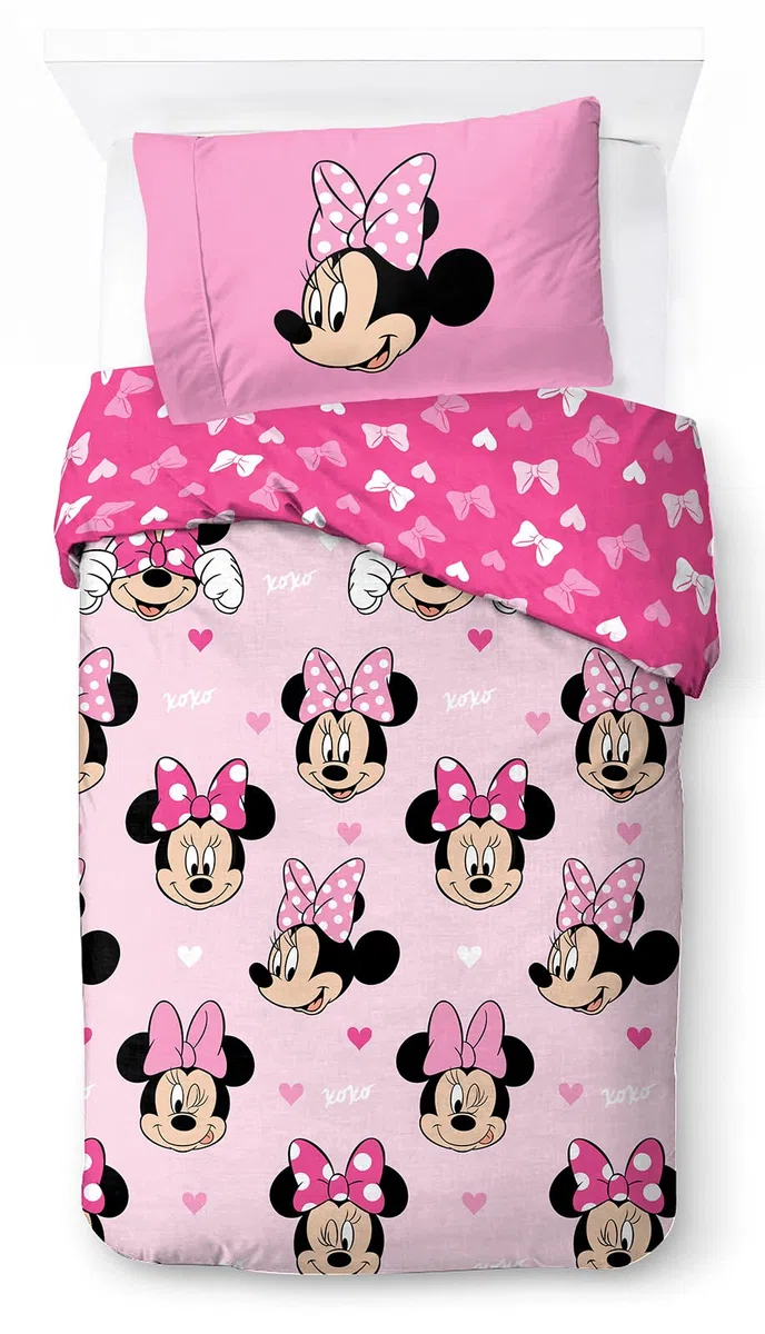 Jay Franco Set biancheria da letto per bambini Disney Minnie Hearts & Love 100% cotone 135 x 200 cm Misura letto singolo - Copripiumino + federa 50 x 70 cm