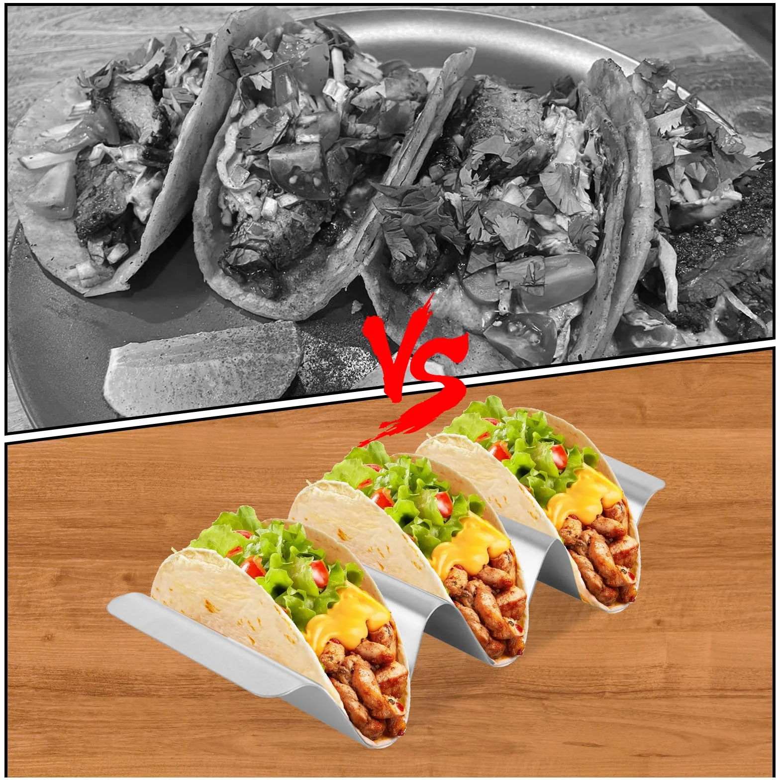 AKOLAFE 6 Pezzi Porta Taco in Acciaio Inox 25x10x4.5cm Porta Taco con Maniglie, Porta Hot Dog, Supporto U-Form per Taco, Panini, Pane, Hot Dog e Wafer