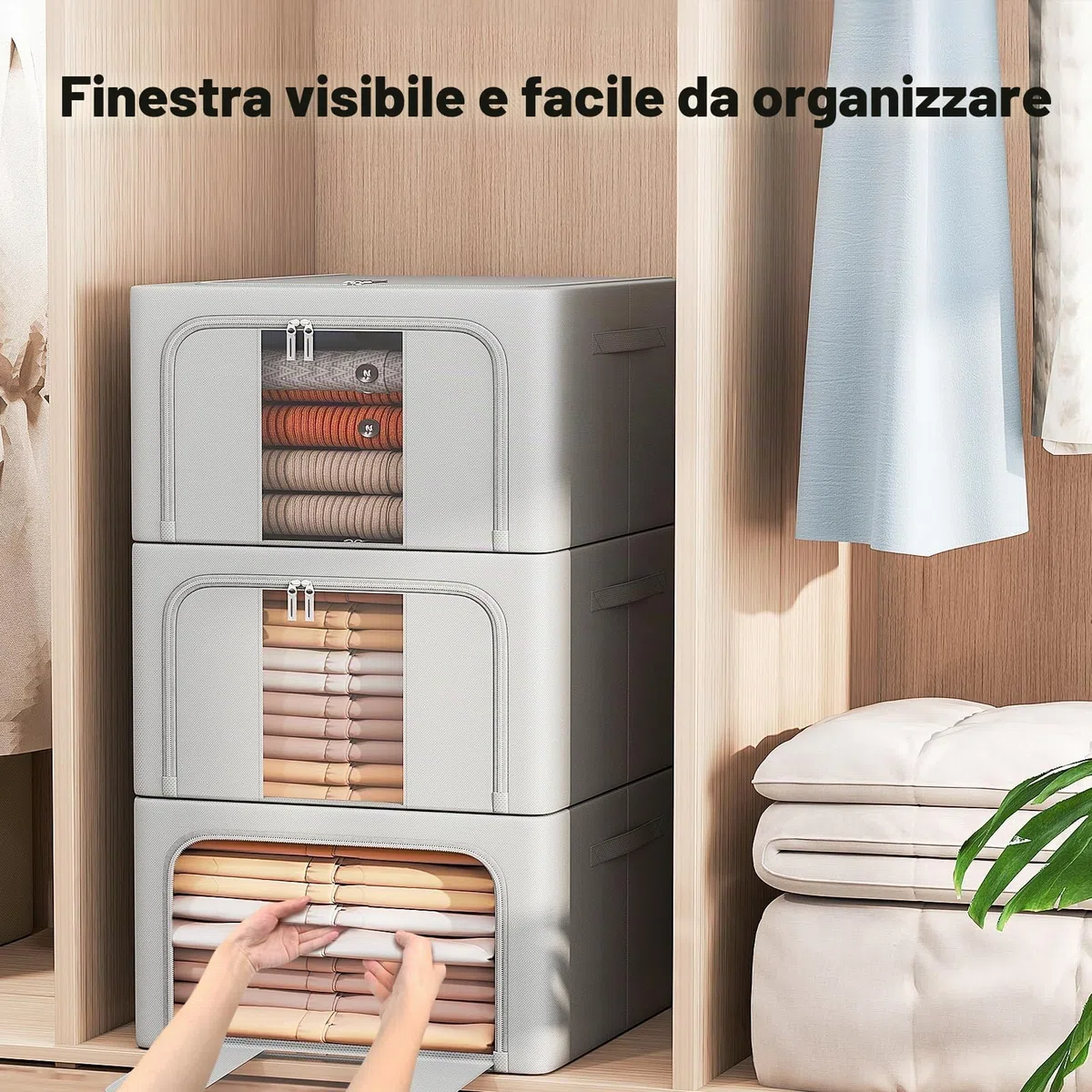 GoMaihe Scatole per Armadio Rigide 3 pezzi 72L: Contenitori per Armadio Cerniera - Piumone, Lenzuola Organizzatore Armadio - Scatole per Vestit (Grigio, 24L)