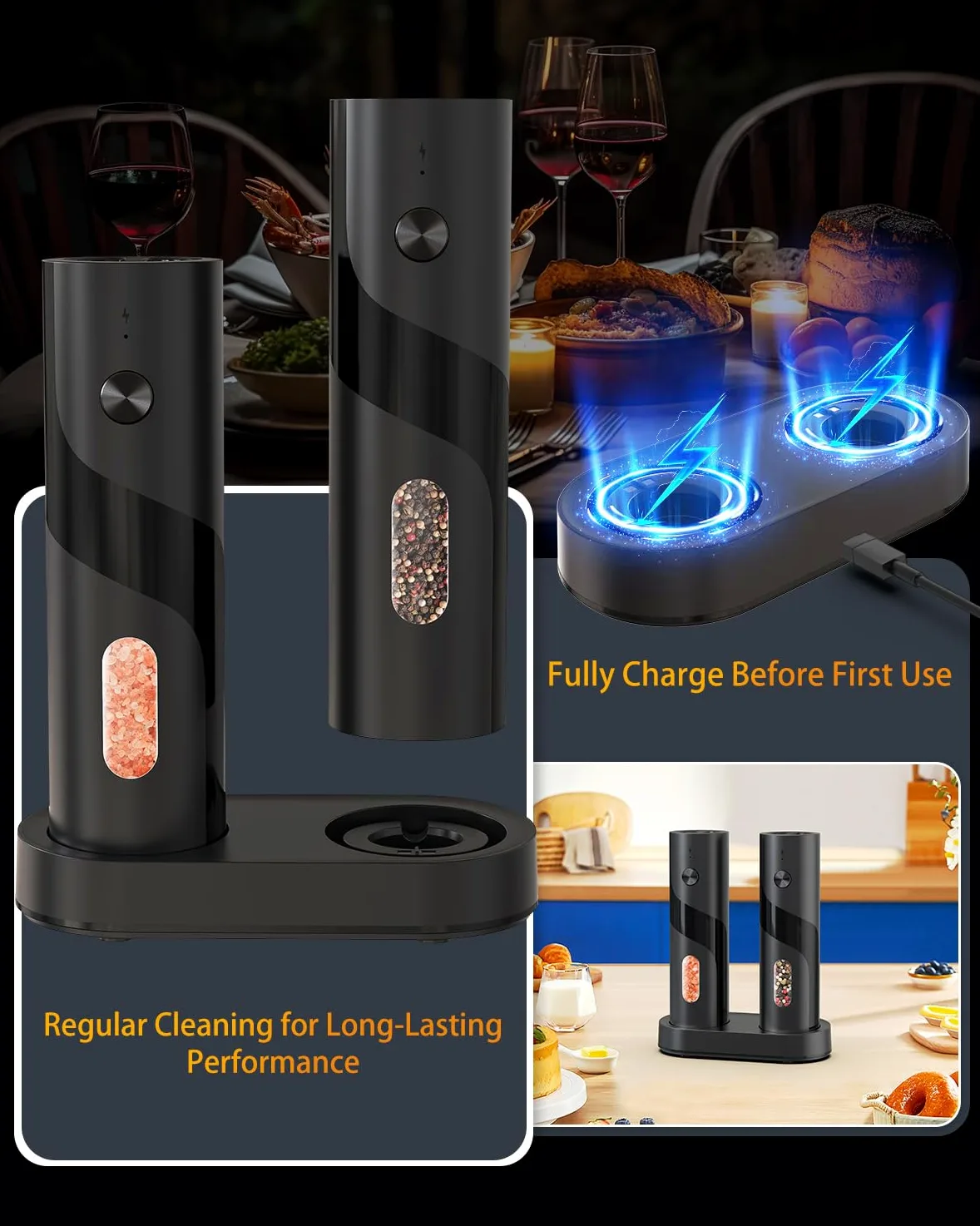 CIRCLE JOY Set Macina Sale e Pepe Elettrico Ricaricabile con Base di Ricarica, Capacità 110 ml, Grana Regolabile e Luce LED Bianca, Nero
