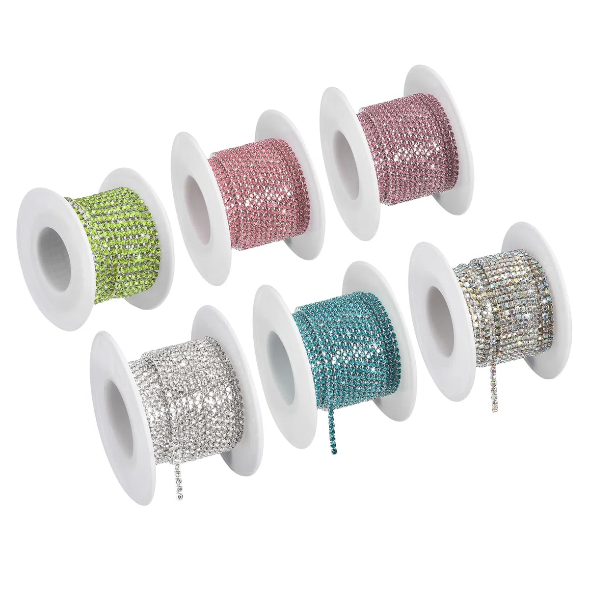 QUARKZMAN 6 Rotolo 33 Iarde 3MM Cristallo Strass Chiusura Catena Rifinitura, Cucire su Catena Strass Cristallo Rifinitura per Cucito Artigianato Nozze Festa Fai-da-Te Decorazione, 6 Color