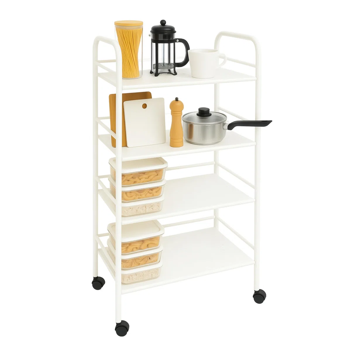 MAKA Carrello Cucina Salvaspazio con Ruote, 3-4 Ripiani in Metallo, Portatutto da Bagno o Cucina, Portaoggetti Multiuso con Struttura Robusta e Facile da Spostare (Bianco, 4 Ripiani)