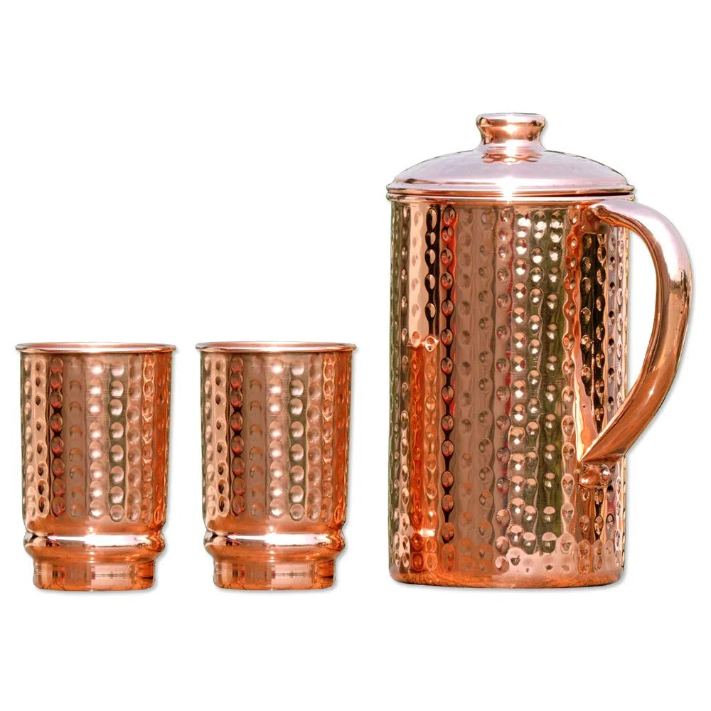 ANCIENTIMPEX Set di brocca e bicchieri in rame puro ayurvedico - Caraffa con design martellato e 2 bicchieri
