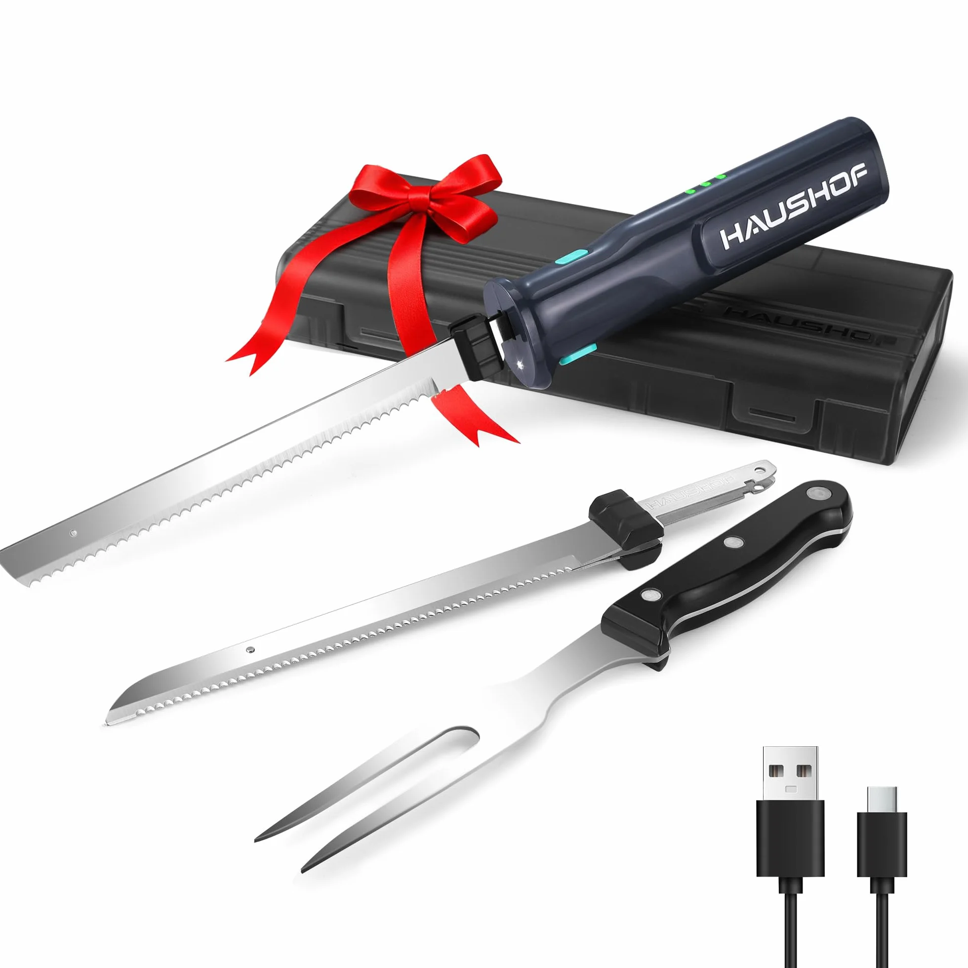 HAUSHOF Coltello Elettrico a Batteria con Coltello da Pane 18cm, Coltello da Bistecca 20cm e Forchetta, Coltello da Cucina Batteria 2000mAh, Ideale per Affettare Cotolette, Pane, Formaggio - Nero