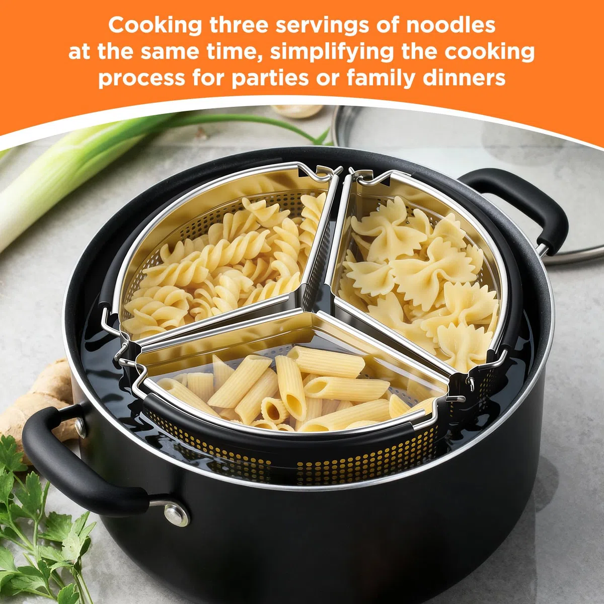 ecooe Cestello per Pasta Separata in Acciaio Inox, 3 Pezzi Cestelli Divisori per Pasta Individuali con Manici e Basi, Guanti in Silicone, Divisore per Cottura Pasta di Pasta, Verdure e Uova (19 cm)