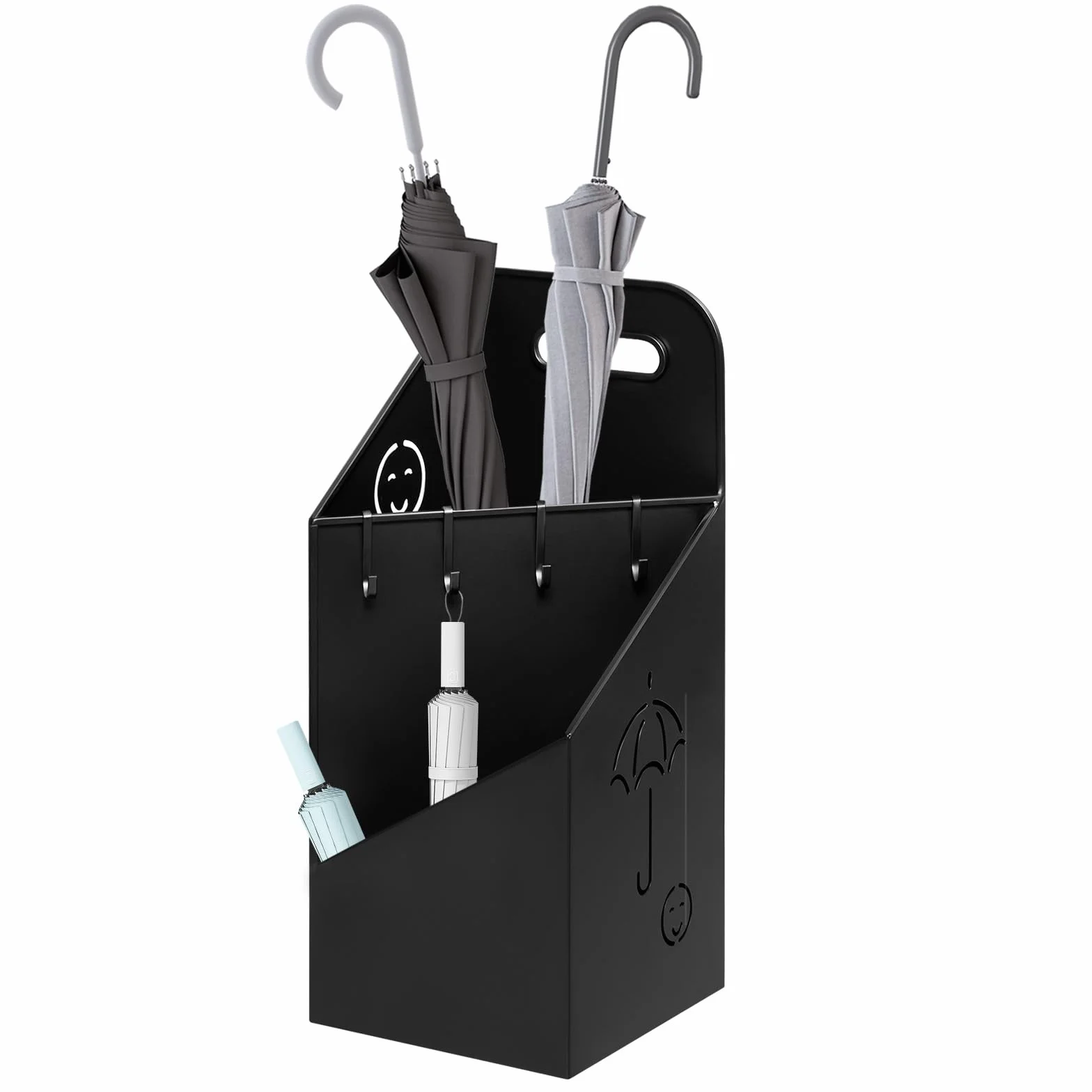 WOLTU Portaombrelli con 4 Ganci e 2 Aree Separate, in Metallo Antiruggine, con Design a Conca e Sorriso, per Corridoio, Ingresso, Nero