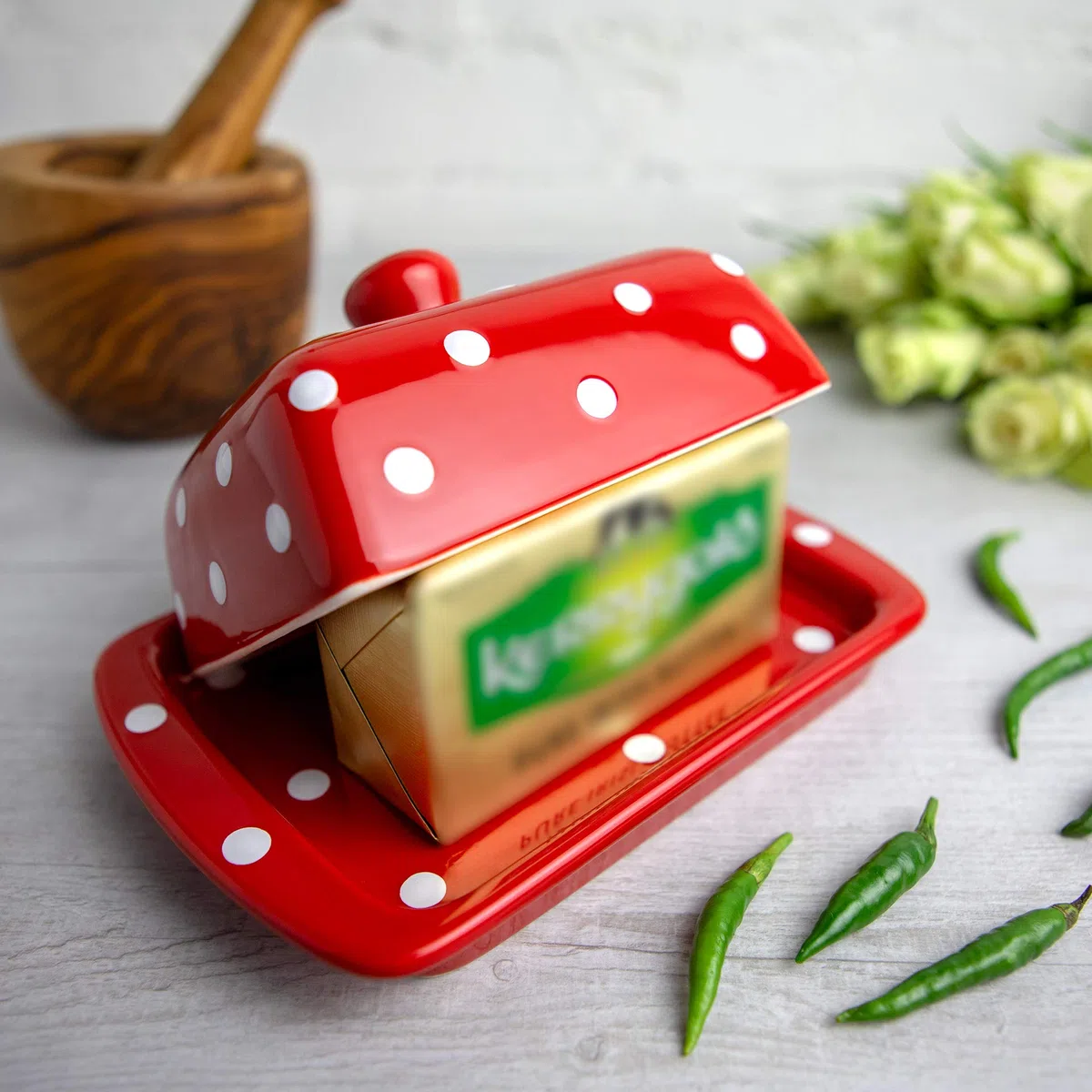 City to Cottage Portaburro con Coperchio Contenitore per Burro in Ceramica in Fantasia a Pois Rosso e Bianco Burriera Realizzata e Dipinta a Mano
