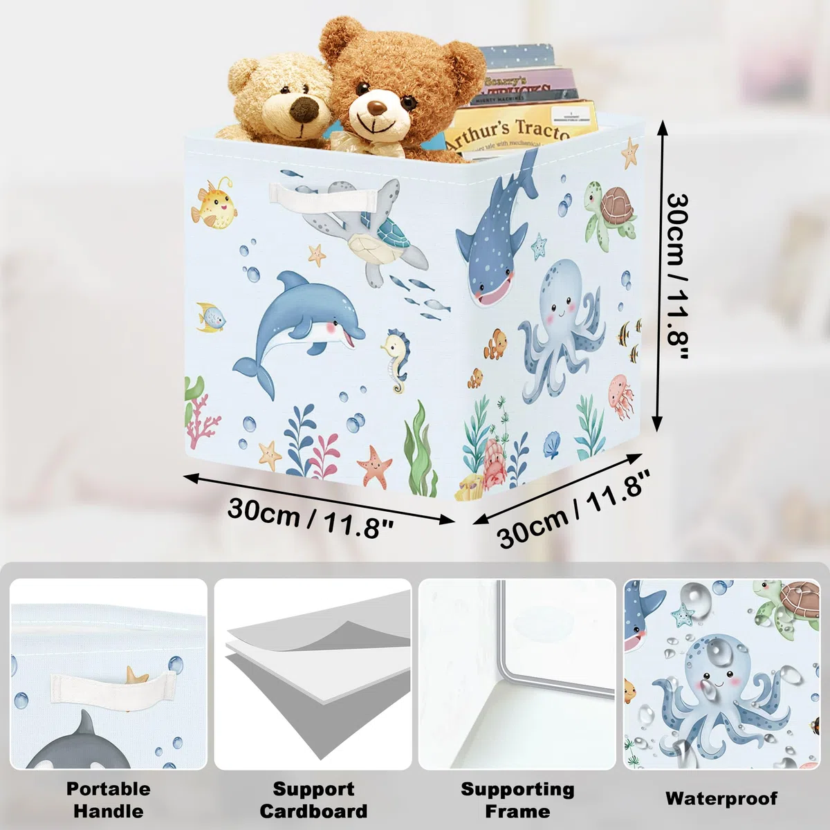 30cm Set di 3 Scatole Portaoggetti Marini Contenitore Porta Giochi Ragazzo Pieghevole Squalo Balena Cubi Portaoggetti per Libreria Kallax Salotto, Animali Acquatici