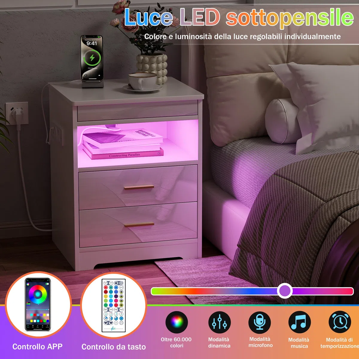 Comodini Camera da Letto con 2 Prese AC/2 Porte USB E 1 Luce LED RGB, Comodino con 2 Cassetti E 1 Ripiano Estraibile E 1 Divisorio Aperto,Salvaspazio per Camera da Letto E Studio (45x40x58cm, Bianco)