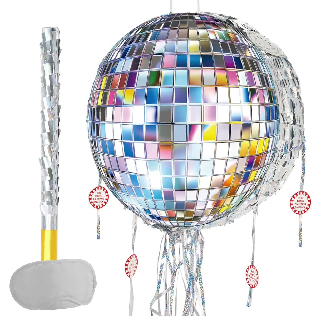 WERNNSAI Pignatta a forma di Palla da Disco - Mini Pignatta da Disco con Benda, Bastoncino e Nastri da Tirare per Decorazione di Festa di Danza Retrò Anni 80 e 90, Forniture per Compleanno per Bambini