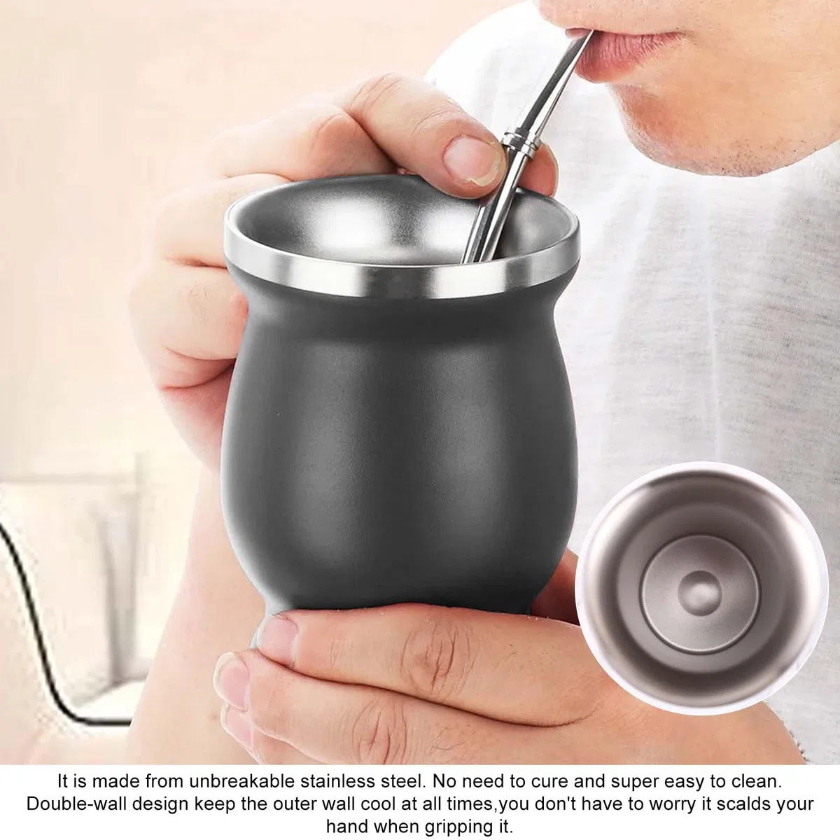Set di 2 tazze da tè Mate con cucchiaio e spazzola per la pulizia, in acciaio inox, set di tazze da tè Yerba Mate Safe and Durable per cucina, caffetteria, ristorante (nero)