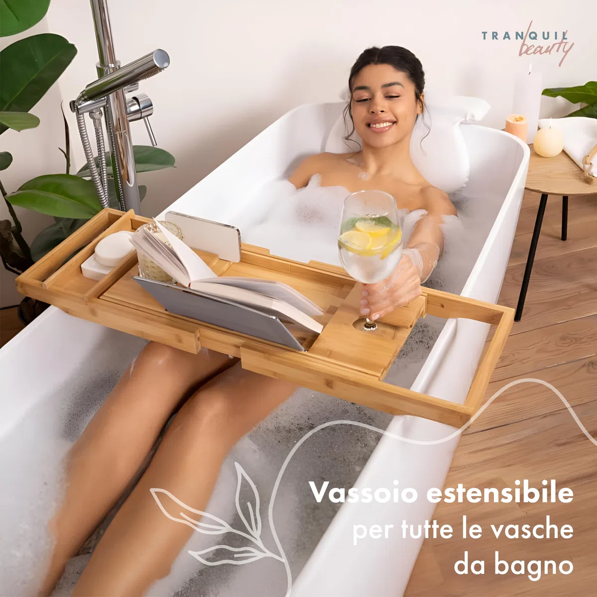 TranquilBeauty Tavola da bagno in bambù naturale sostenibile, con meccanismo a fessura sicuro per iPad, tablet e telefono | lusso allungabile sopra il vassoio da bagno con supporto per vino