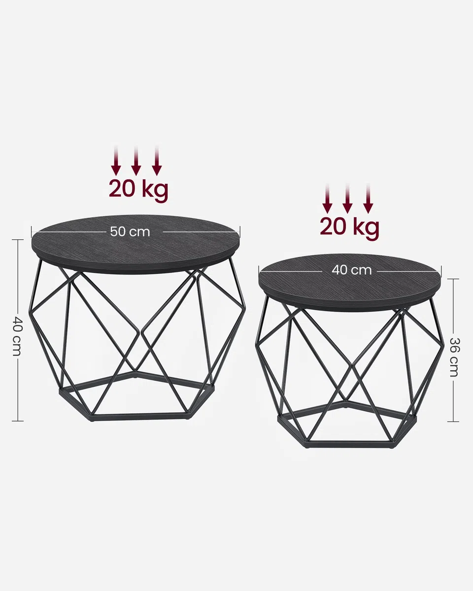 VASAGLE Tavolino da CaffèRotondo, Set di 2 Tavolini ad Incastro, Stile Moderno, Piano Rimovibile, Struttura in Acciaio, Adatto per Soggiorno, Nero LET040B22