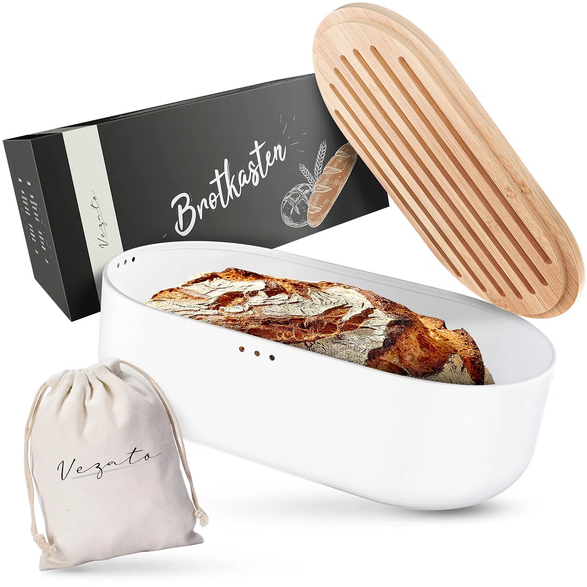Vezato Scatola Cestino del pane - sostenibile per una lunga freschezza - extra large con coperchio di bambù e tagliere - con sacchetto