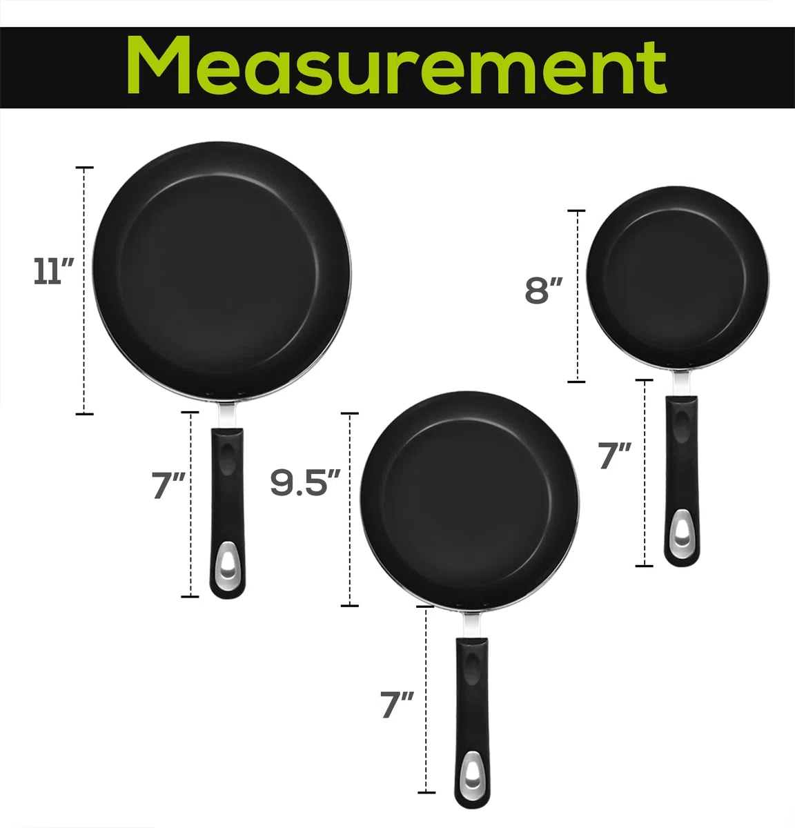 KICHLY Set Padelle antiaderenti in alluminio – set padella 3 pezzi induzione fondo, 20cm, 24cm e 28cm, nero