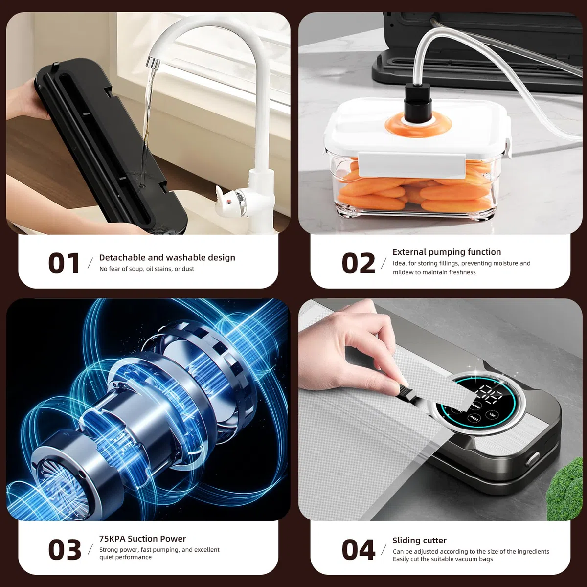 Macchina Sottovuoto Alimenti 6 in 1, Include 50 Sacchetti per Sottovuoto e 1 Tubo Per Contenitori, 75 Kpa, Sottovuoto Alimenti con Taglierina e Conto Alla Rovescia Digitale