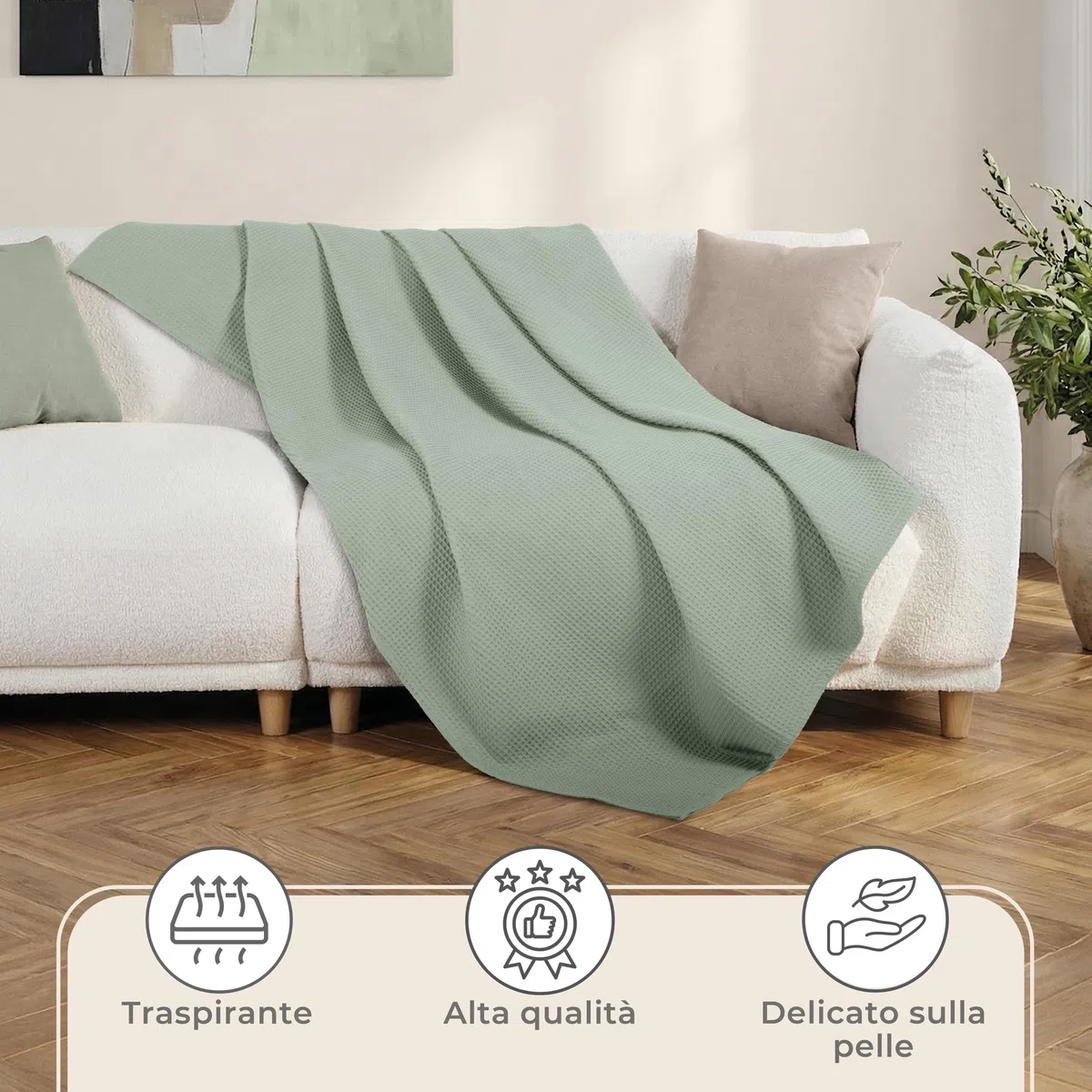 LAYNENBURG Copriletto 150 x 200 cm - Waffle Pique 100% Cotone - Coperta Estiva Leggera - Coperta di Cotone Come Coperta da Letto, Coperta da Divano, Coperta ariosa da Divano (Verde menta)