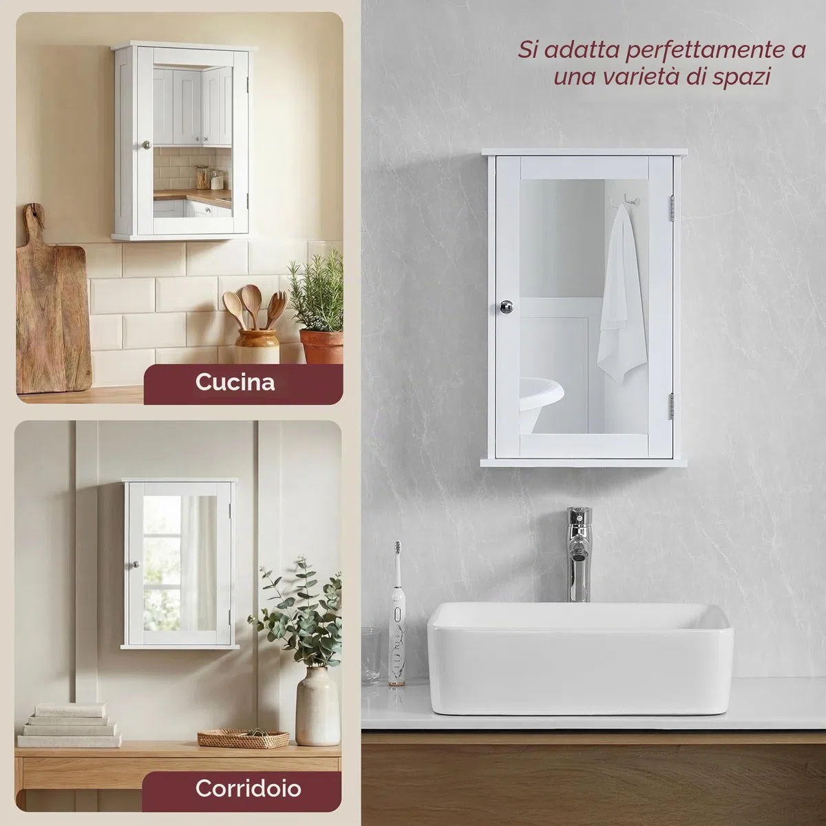Bath Vida, Milano, Mobiletto da Bagno, Anta Singola con Specchio, da Parete, Bianco