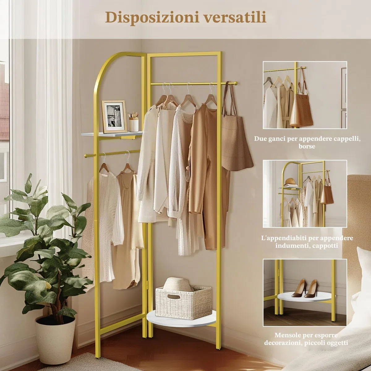 unho Appendiabiti ad Angolo Metallo Dorato: Oro Appendiabiti da camera da Terra Appendiabiti Ingresso Attaccapanni Porta abiti da camera da letto Salvaspazio con Ripiano Asta 175x44 cm