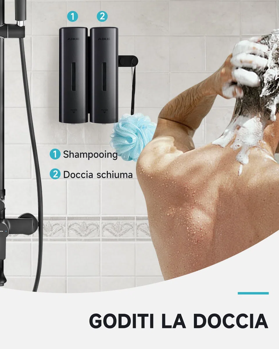 AIKE EasyPush Dispenser Doccia, Montaggio A Parete Senza Foratura Per Shampoo & Balsamo, Risparmia Spazio, Doppio