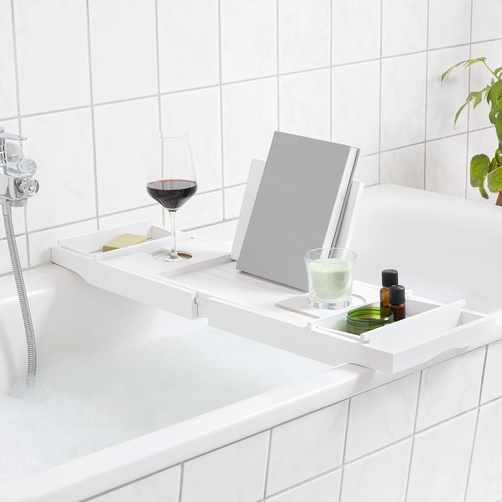 Navaris Vassoio Vasca Colazione Letto - Mensola Vasca da Bagno in bambù - Mensola Allungabile 75cm-108cm con Leggìo Integrato Vani Laterali - Bianco