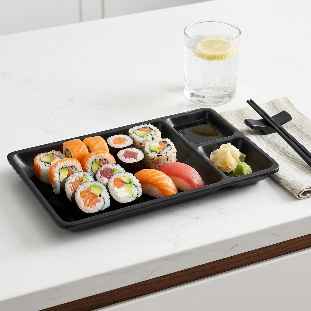 Pumtus Set di piatti giapponesi per sushi, 16 pezzi, in melamina, set di stoviglie per sushi, include 4 piatti da portata per sushi, 4 piatti per salsa di soia, 4 paia di bacchette, 4 supporti per