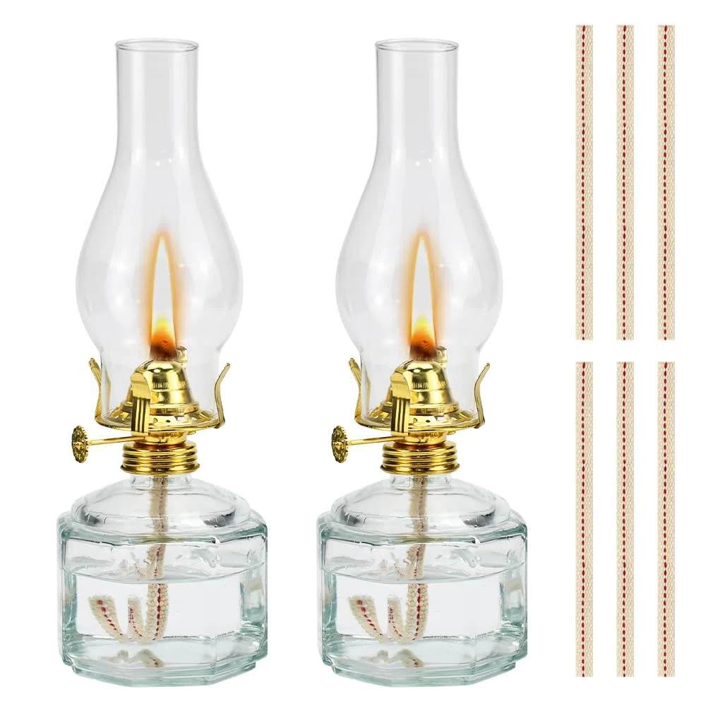 2 Pz Lampada in Vetro a Petrolio,Lanterna ad Olio in Vetro Trasparente,Lampada a Olio Decorativa Antivento,Lampada Lanterna Antica con 6 Pz Stoppini da 18cm per Interni ed Esterni