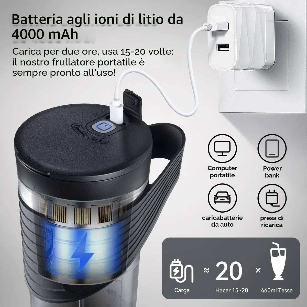 Mixer Smoothie Maker to Go, 460 ml, bottiglia Fresh Juice, 4000 mAh ricaricabile, 6 lame affilate, mini cannuccia in silicone, per viaggi e uso a casa, HD-07, nero