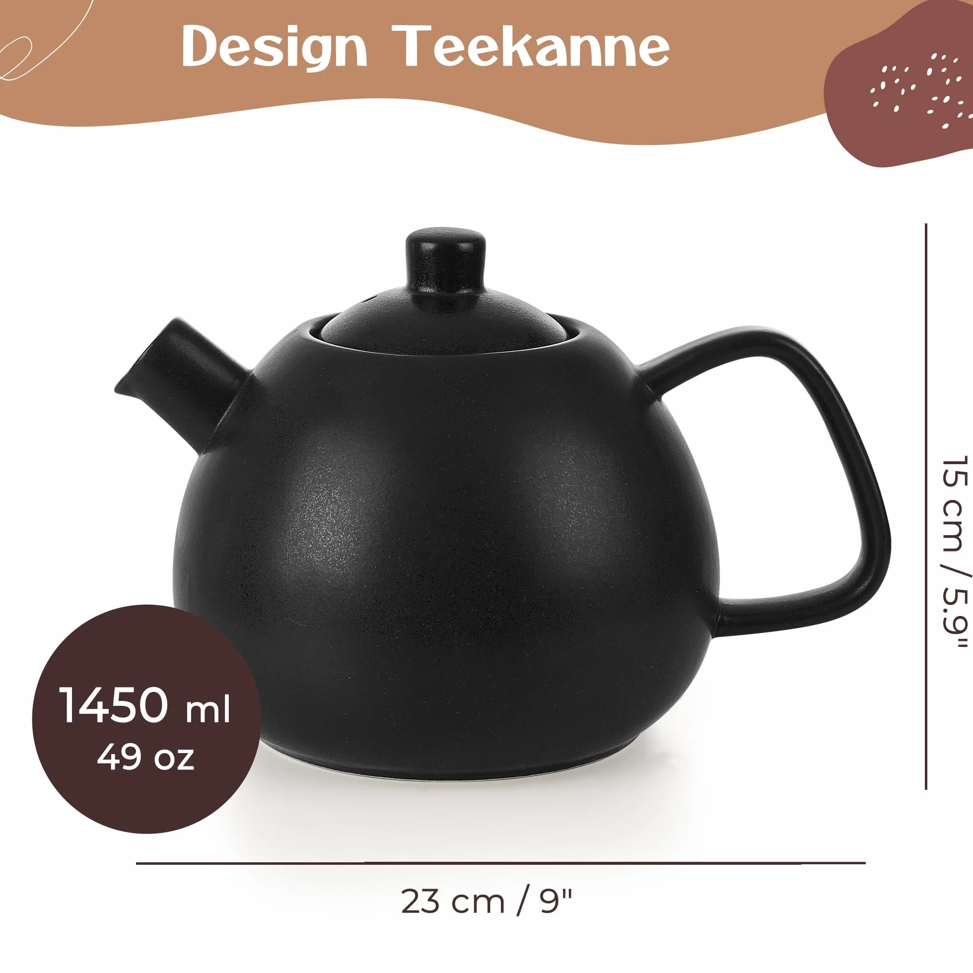 Grande teiera con filtro – 1,4 l – Teiera in ceramica – moderna teiera con colino per tè sfuso, robusta e insapore (antracite)
