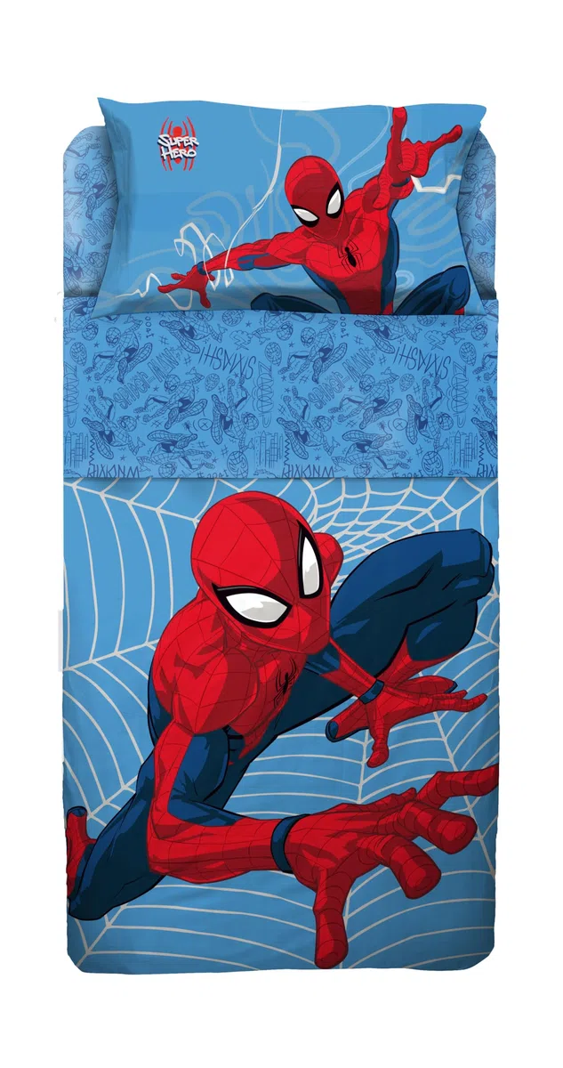 Set Lenzuolo Copriletto Singolo Spiderman 100% Cotone, Completo Letto Copriletto, Lenzuolo da Sopra con Ribaltina + Lenzuolo da Sotto con Angoli + Federa