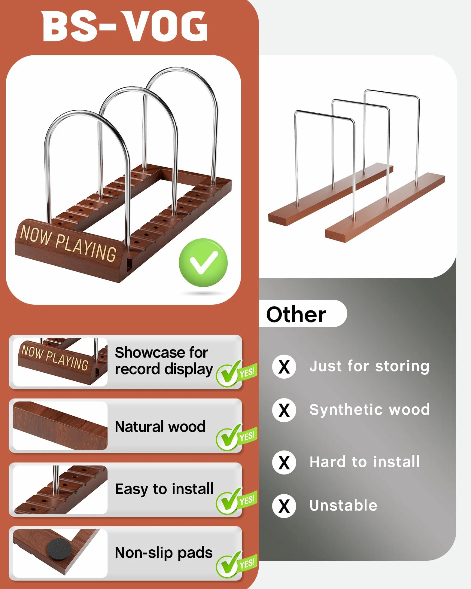BS-VOG Supporto per Porta Vinili, con Scanalature Antiscivolo, per 50 Porta Dischi Vinile, Organizer in Legno, Ideale per Album, Confezione Regalo