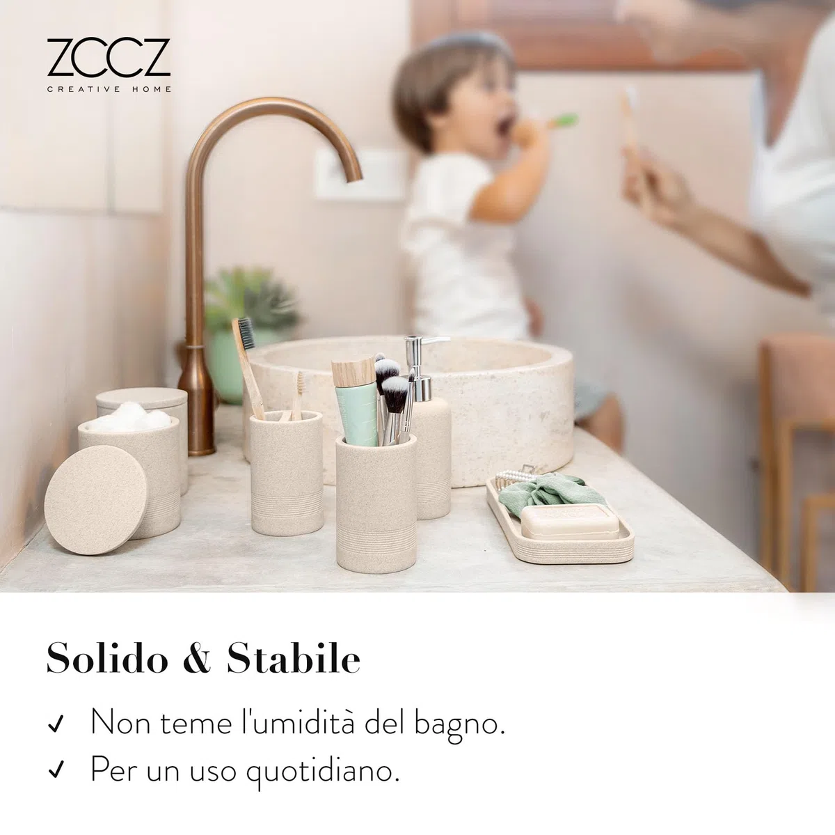 ZCCZ Set Bagno Accessori Completo 6 pezzi - Kit con Dispenser Sapone, Porta Spazzolino, Supporti Qtip, Bicchiere e Vassoio Vanità - Accessori Moderni per Bagno Elegante - Beige