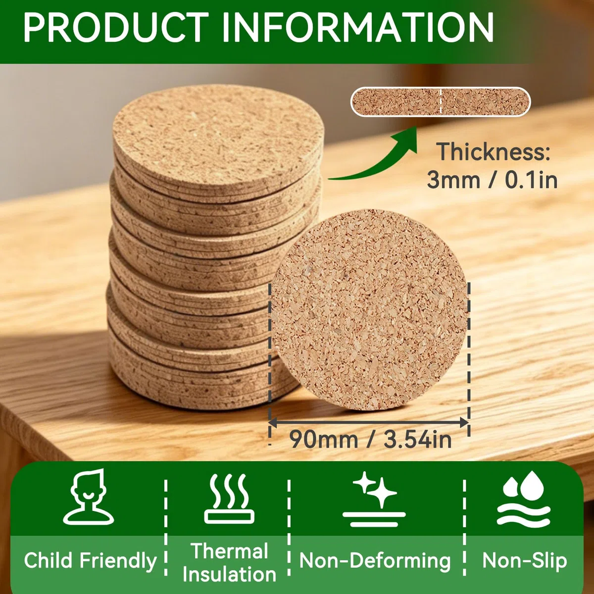 Sottobicchieri in Sughero per Bevande, Rotondi Sottobicchieri Antiscivolo Resistenti al Calore Lavabili, Adatti per Casa, Bar, Caffetteria, Azienda, 9 cm(100pcs)