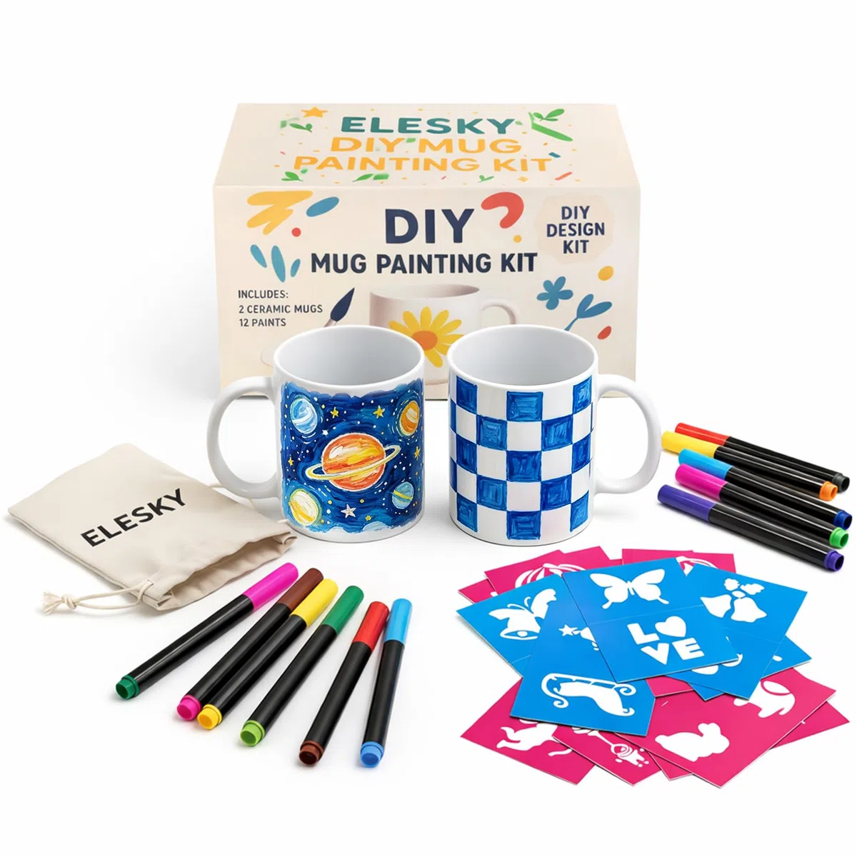 Kit Tazze da Dipingere 2 Tazze in Ceramica da Decorare 12 Pennarelli per Porcellana a Asciugatura Rapida 12 Stencil Design (24 Motivi) Astuccio & Istruzioni – Set Fai da Te Regalo
