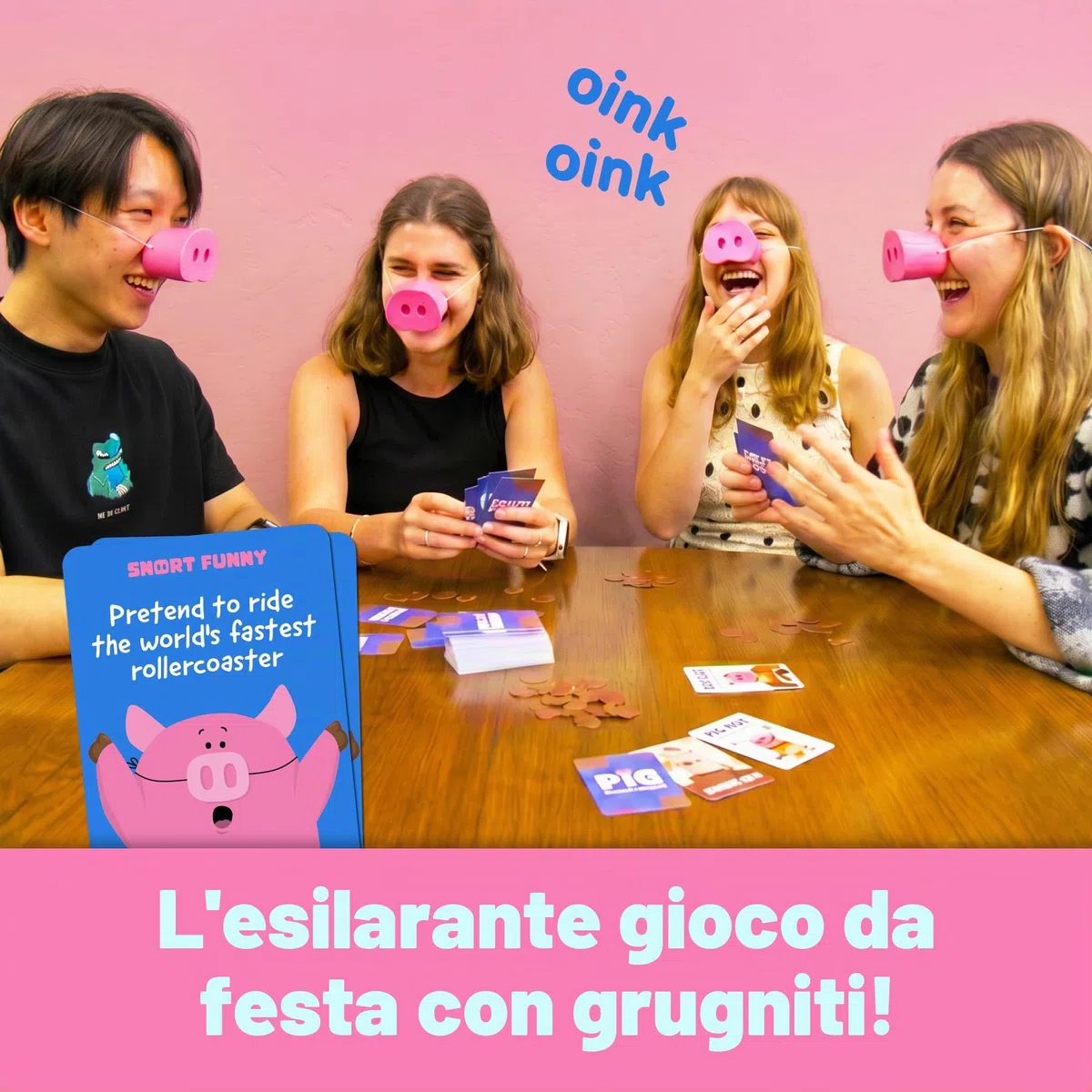 Snort Divertente – Il Fantastico Gioco di Partito in cui Ridi Perdi, Giochi di Famiglia per Bambini e Adulti con 150 Carte Sfida, 5 Nasi di Maiale & Gettoni di Fango, Giochi Divertenti per Amici e