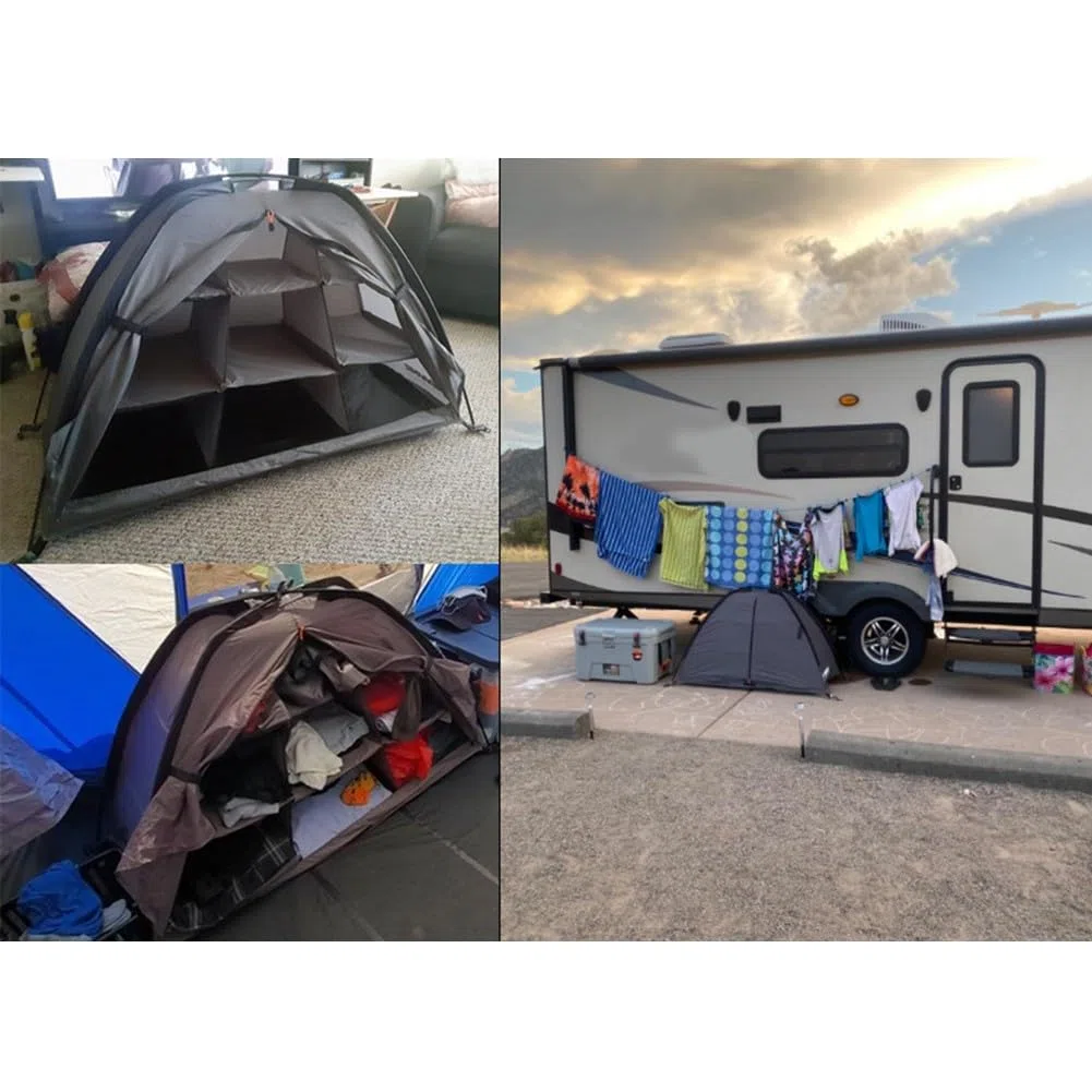 Organizer da campeggio pieghevole a 9 ripiani per camper, tessuto Oxford con asta in fibra di vetro, portata 13,6 kg, scaffale portatile per vestiti e scarpe, grigio