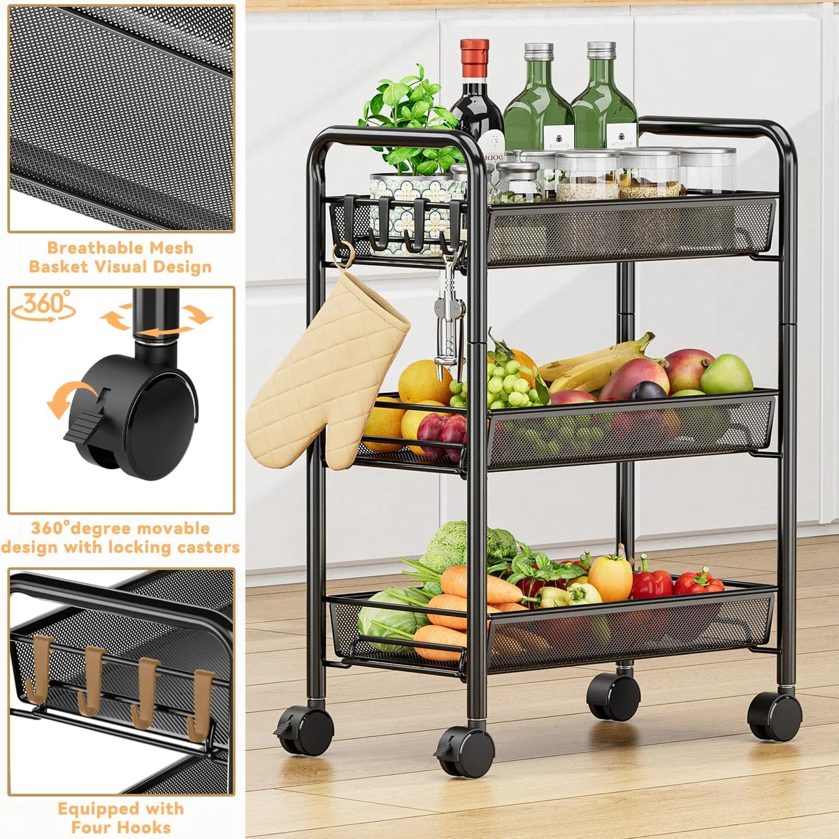 rge Cucina Storage Carts Rolling Cart Metallo Cucina Trolley su Ruote Cucina Trolley Utility Cart per Cucina Lavanderia Bagno Facile da Montare (Nero)