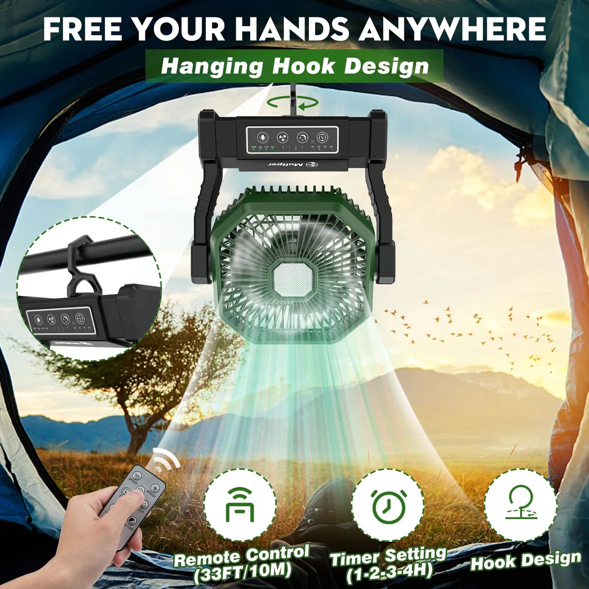 Multper Ventilatore da Campeggio con Luce LED, 4 Velocità 10000mAh Ventilatore Portatile USB Ricaricabile con Telecomando e Gancio, Ventilátore da Tavolo Silenzioso per Casa, Ufficio, Viaggi, Picnic